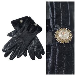 VTG Coach Black Leather Gloves Bow 7 Silk Lined Velvet Ribbon Rhinestones #2136